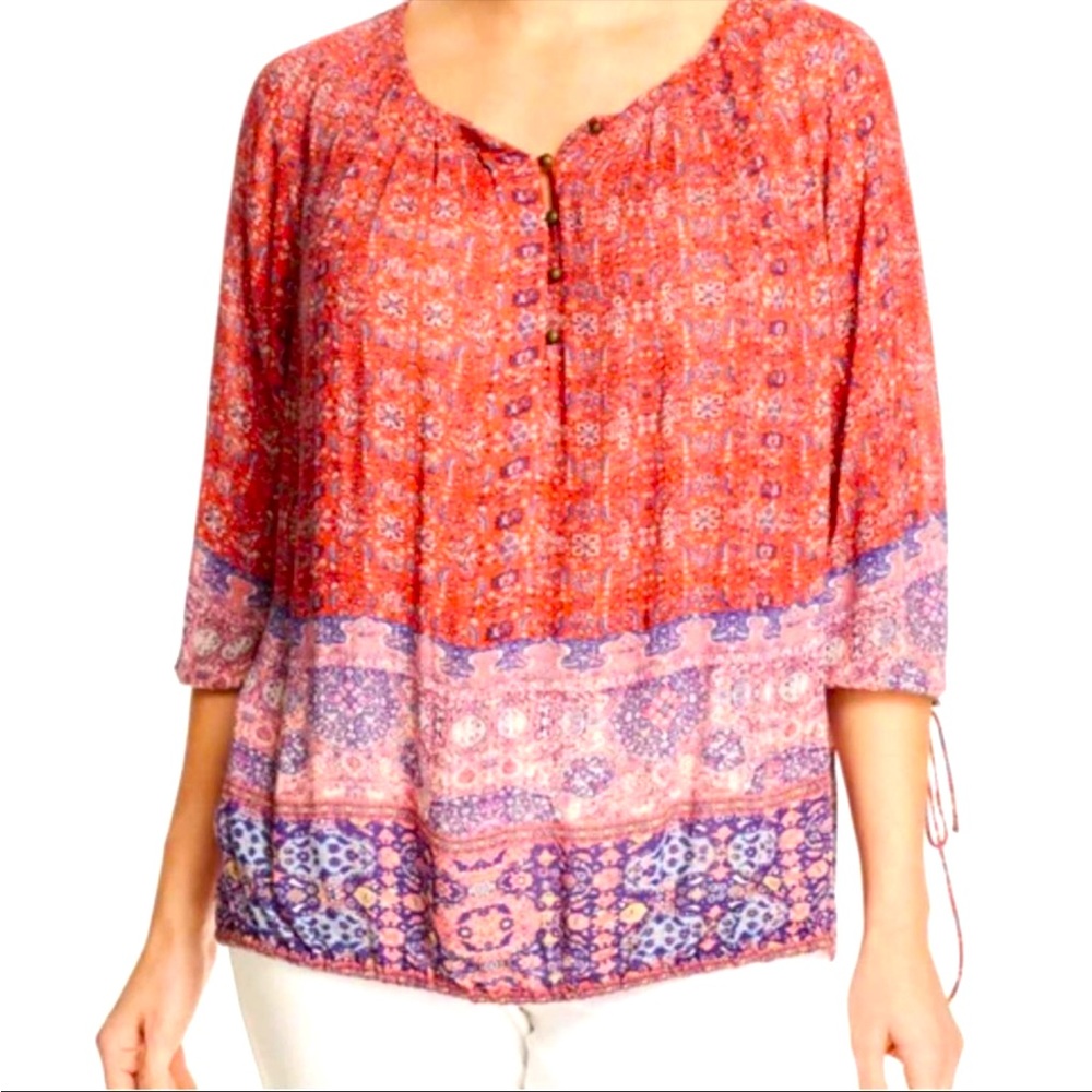 Lucky Brand Floral Boho Peasant Blouse Rust L